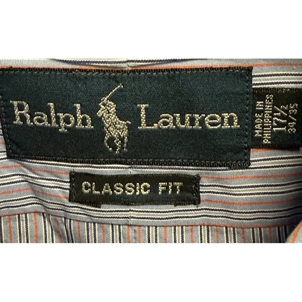 Ralph Lauren Shirt Men Large 17 1/2 4/5 Blue Pink Striped Button‎ Down Classic